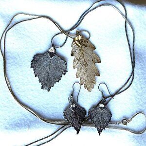 2 Vintage Leaf Pendants with Chains, 1 pair Leaf Earrings